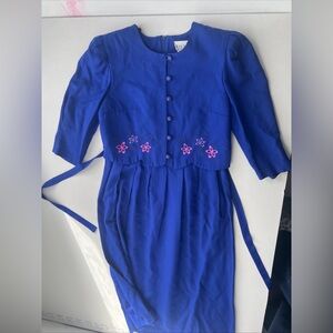 Women’s Royal Blue Floral-Embroidered Vintage Dress with Jeweled Buttons and tie